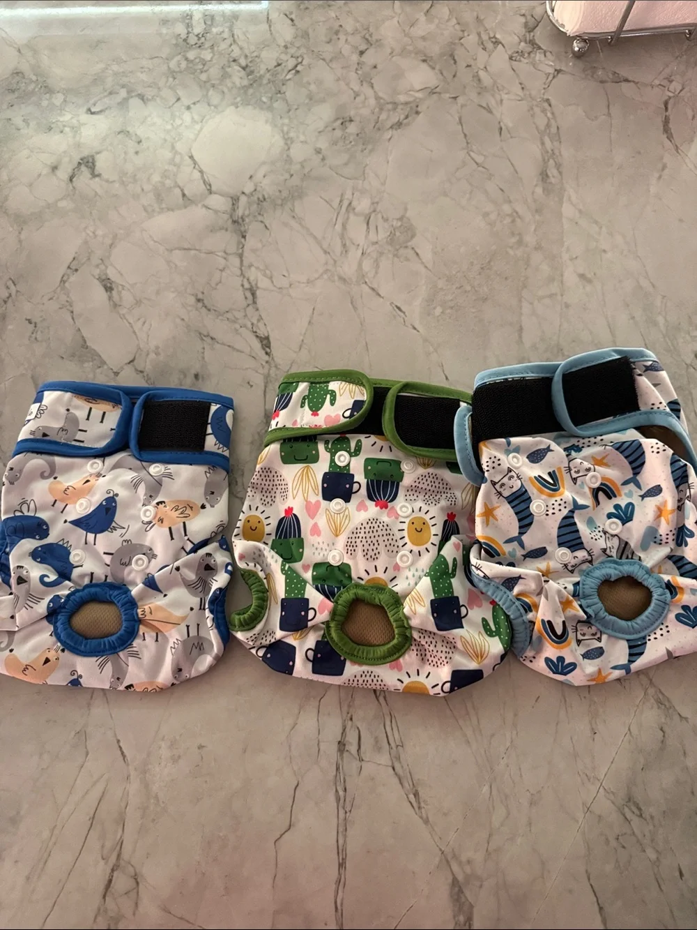Set of 3 Printed Reusable Dog Diapers — Blue, Green, Teal Accents